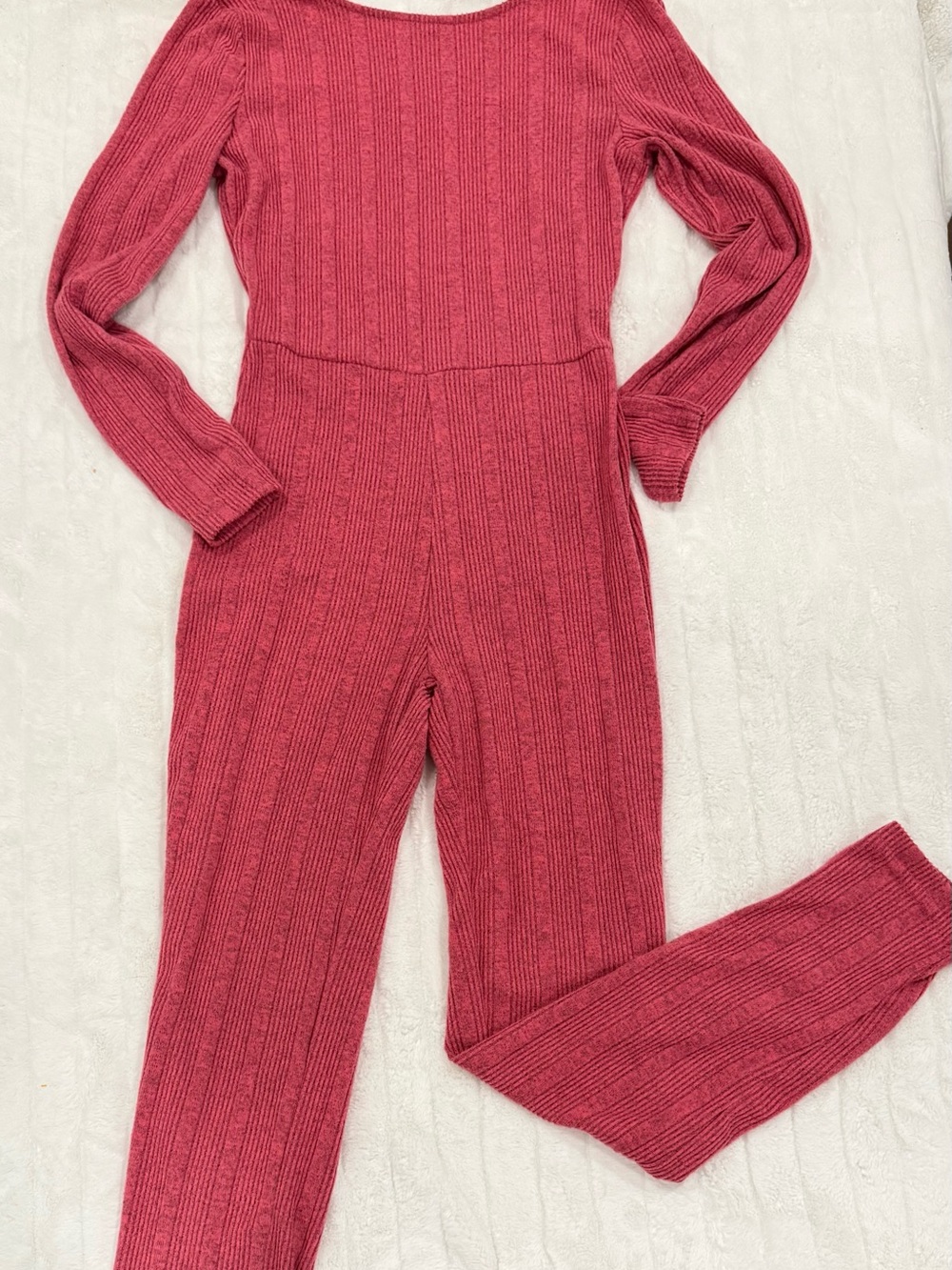Ribbed Long-Sleeve Knit Jumpsuit in Rose